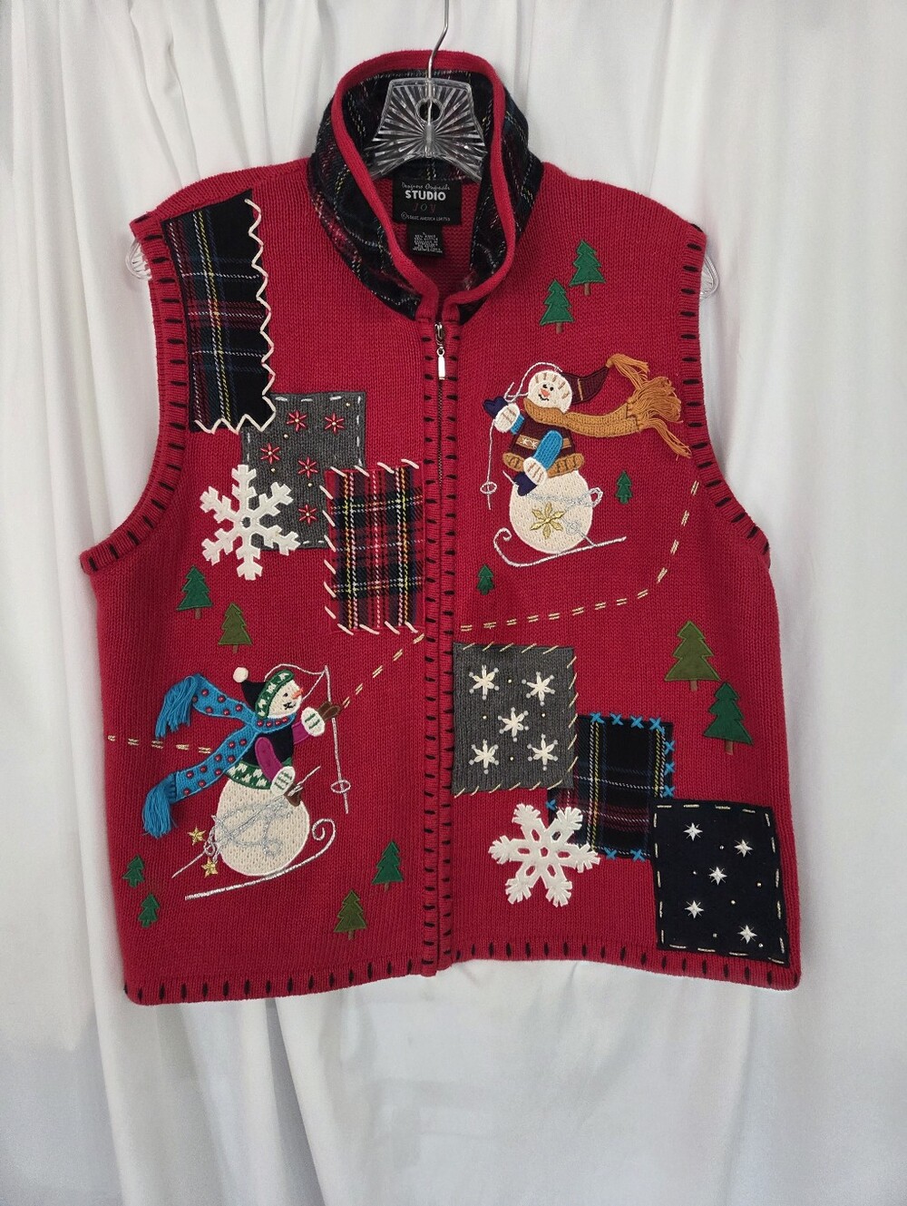 Designers Originals Vintage Red Holiday Snowman Patchwork Knit Vest Size L